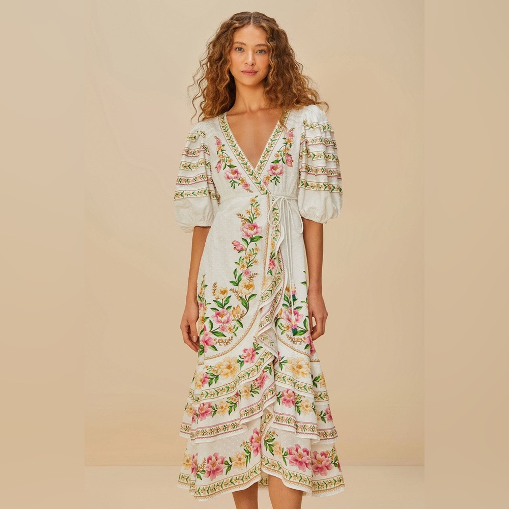 FARM Rio White Midi Dress with Pink & Green Floral Embroidery - Picture 4 of 9